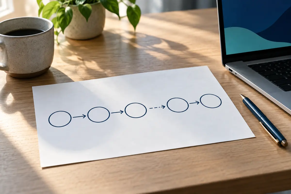Five-stage marketing path sketched on paper, with a visible gap between stages