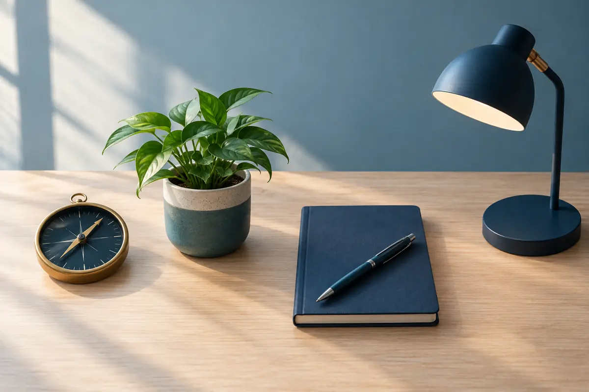 Compass, plant, notebook and desk lamp arranged as four distinct choices