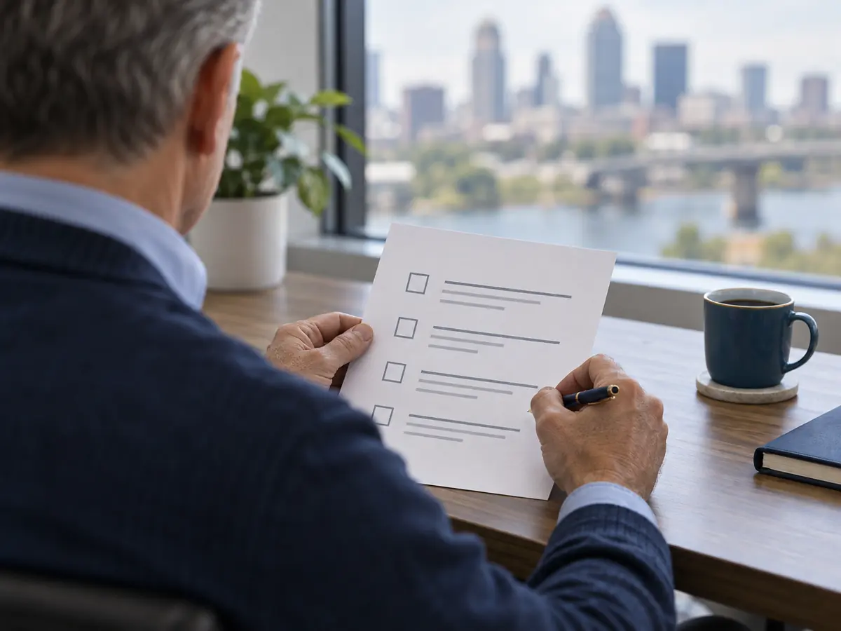 Business owner reviewing a one-page marketing plan at a desk
