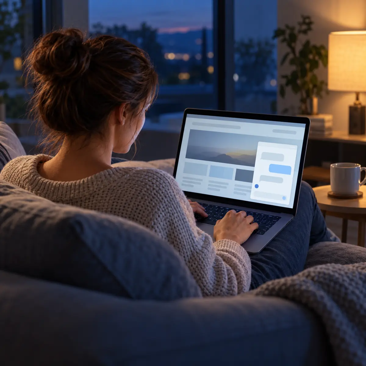 Woman on a sofa in the evening using a business's website chat window