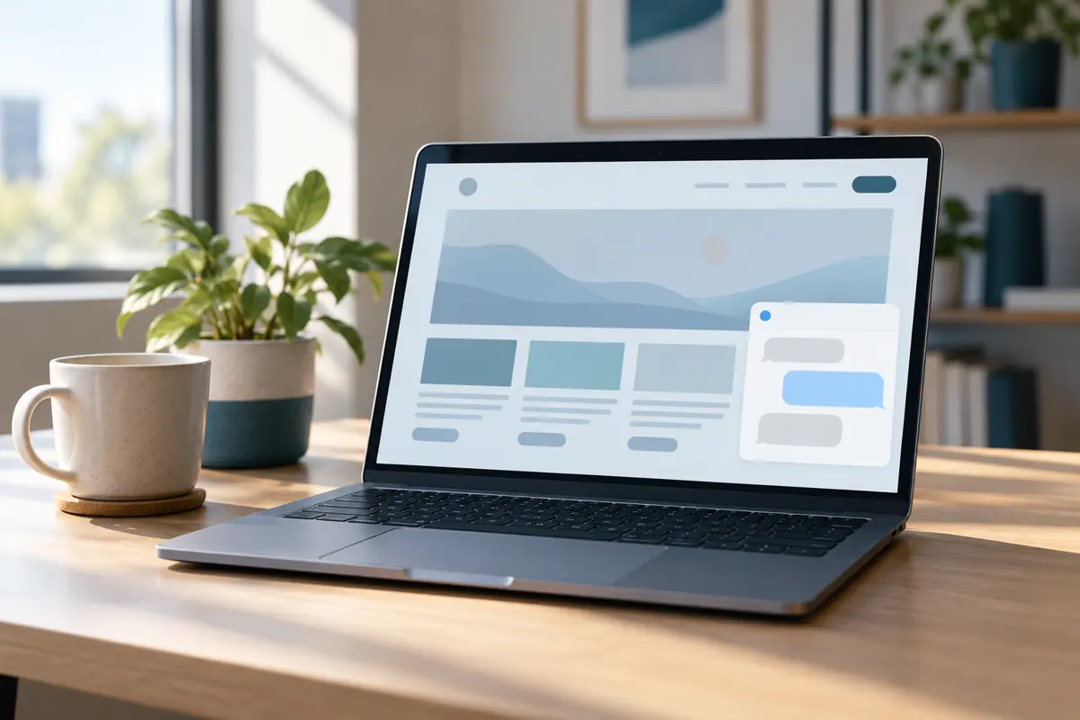 Laptop showing a business website with a small chat window open in the corner