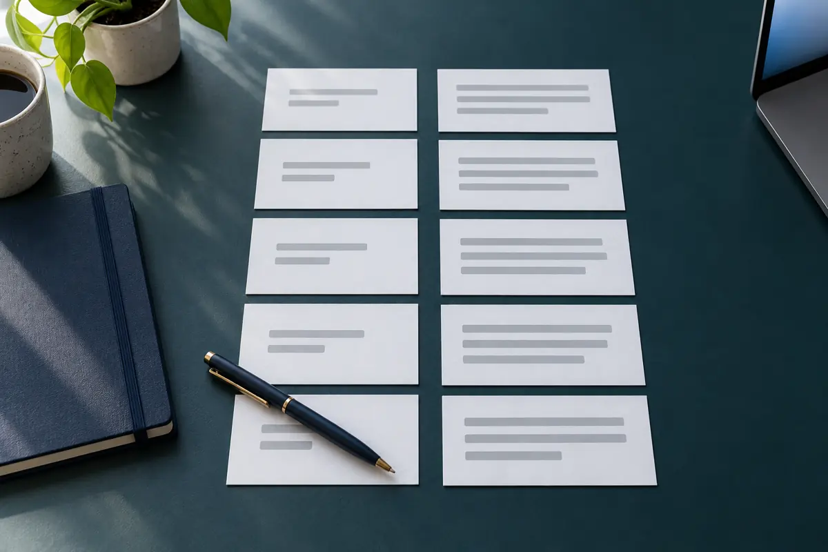 Cards of common customer questions paired with approved answers laid out on a desk