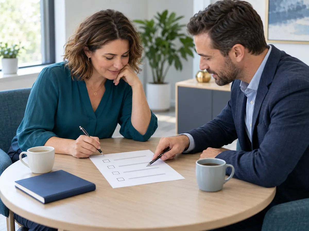 Business owner and consultant reviewing a one-page checklist at a table