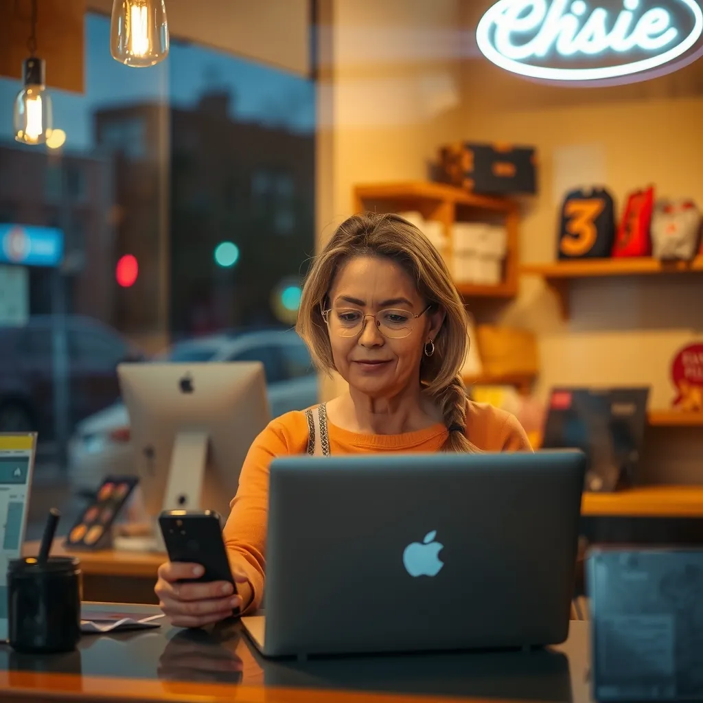 Small business owner at the counter of her Louisville shop after closing, reviewing her laptop with her phone beside it
