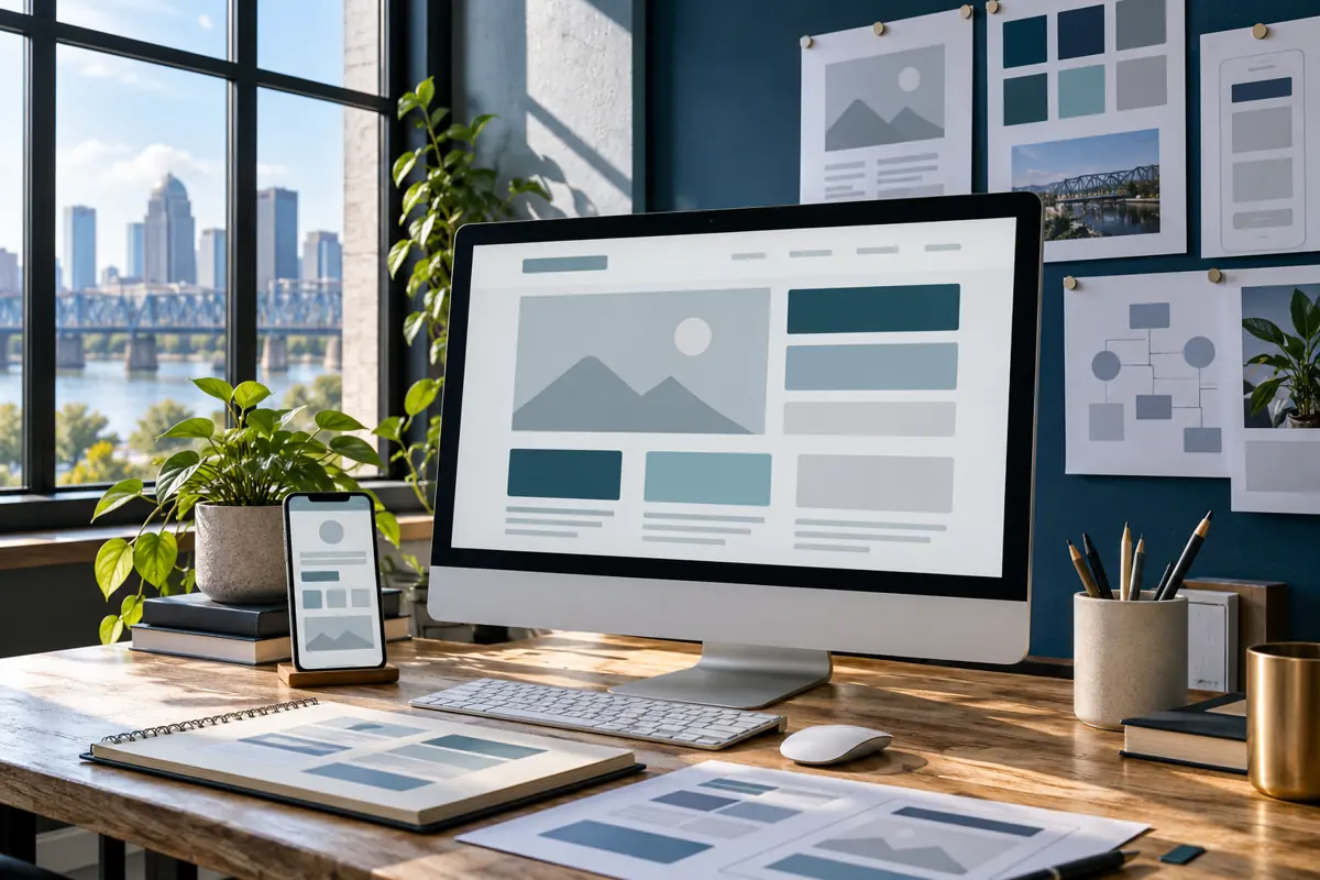 Agency workspace with a website wireframe on screen and layout sketches beside it
