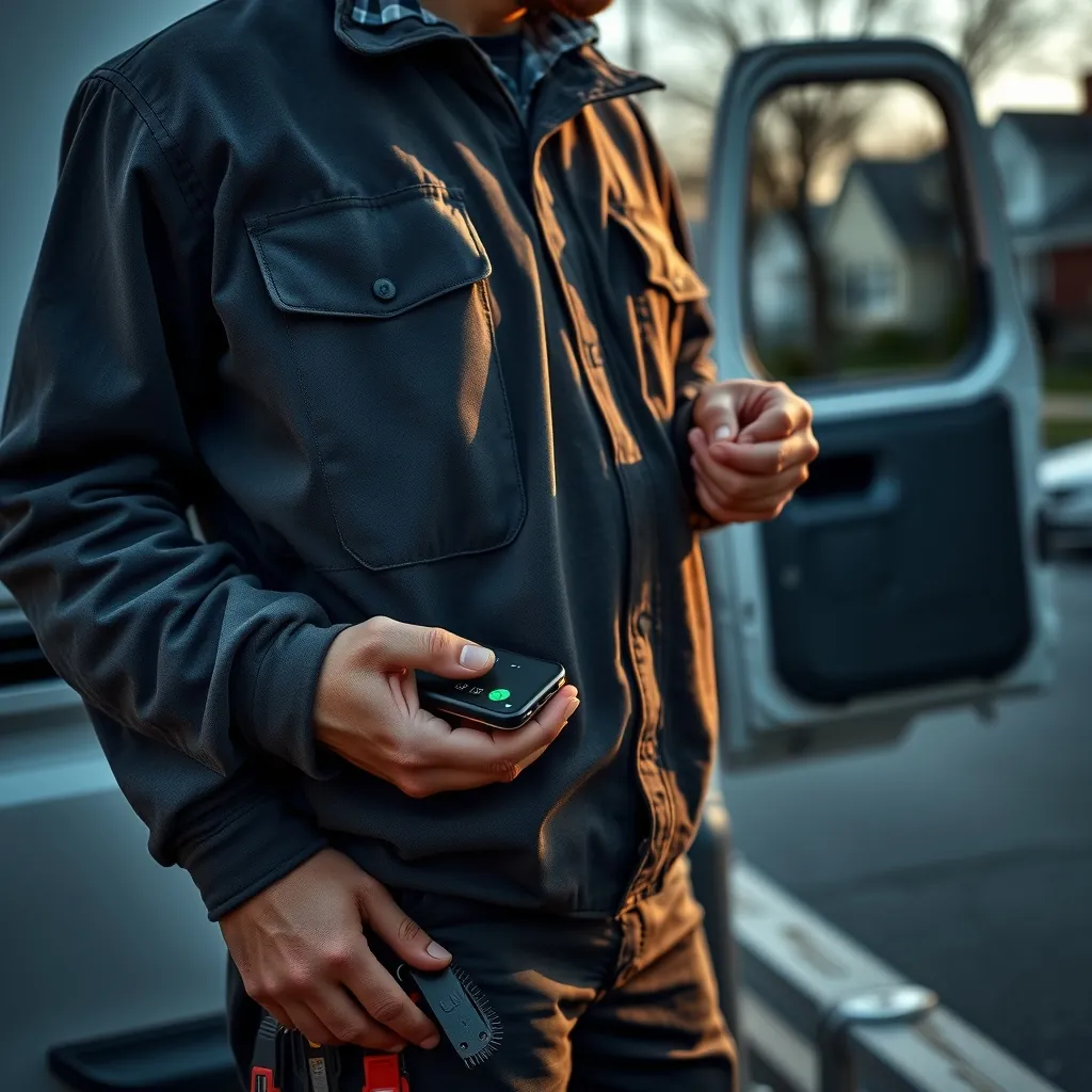 Tradesperson beside his van at the end of a job, checking a missed call on his phone