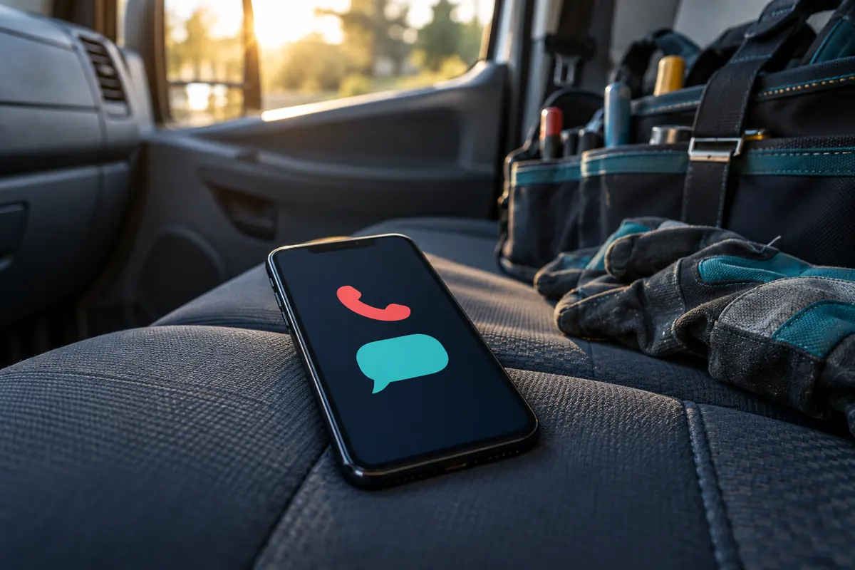 Phone on a work van seat showing a missed call answered by an automatic text