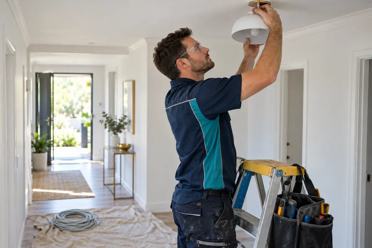 Electrician on a stepladder fitting a ceiling light in a home
