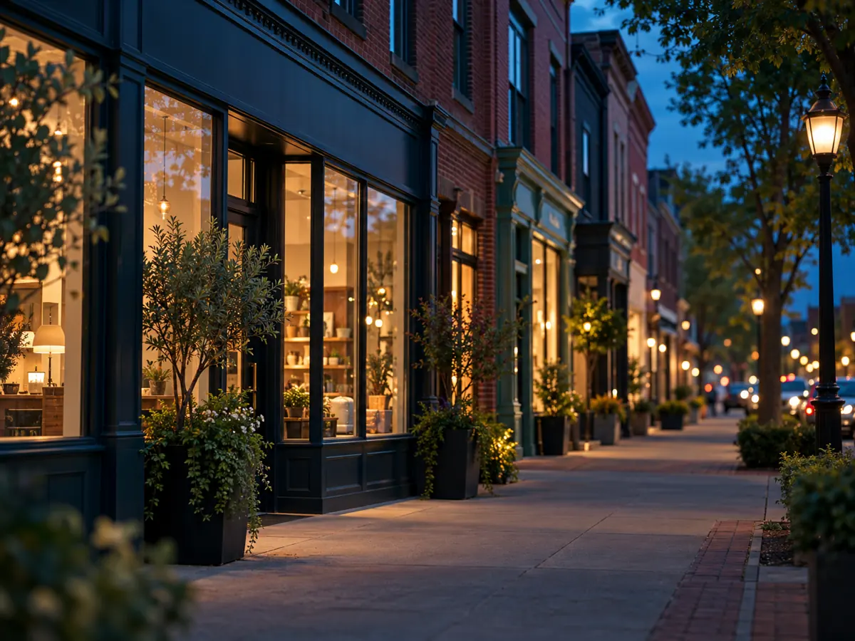 Louisville street of independent storefronts at dusk